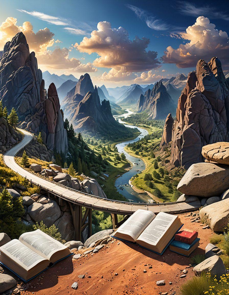 A winding road symbolizing a journey, leading through picturesque landscapes filled with obstacles like boulders and rivers. Along the road, signposts with expert insights and resources, depicted as books and tools, guiding the traveler. A diverse group of people is seen navigating these challenges, showcasing determination and collaboration. The sky is vibrant with hopeful colors, symbolizing a bright future ahead. super-realistic. vibrant colors. 3D.