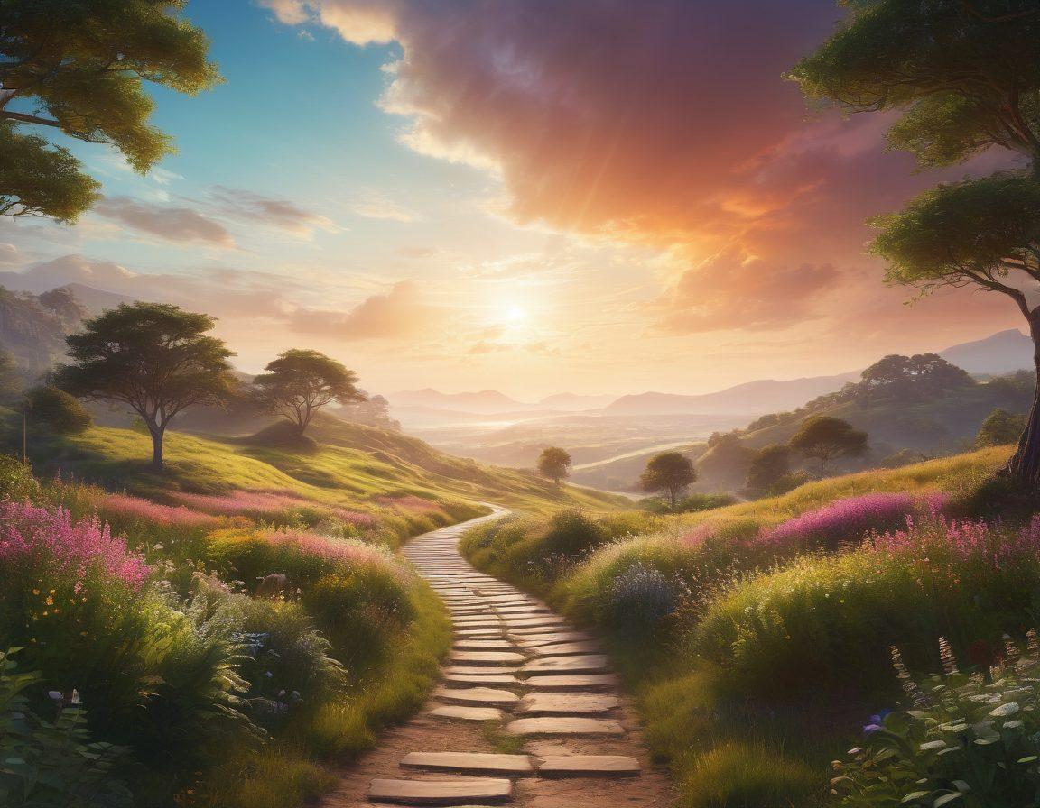 An open path leading through a serene landscape, flanked by colorful signposts representing various forms of assistance like mentoring, counseling, and resources. A confident individual stands at the forefront, gazing towards the horizon with a look of determination and hope. The sky is bright, symbolizing optimism, and there are subtle imagery of guidance, like a gentle breeze or light rays illuminating the path. vibrant colors. surreal style.