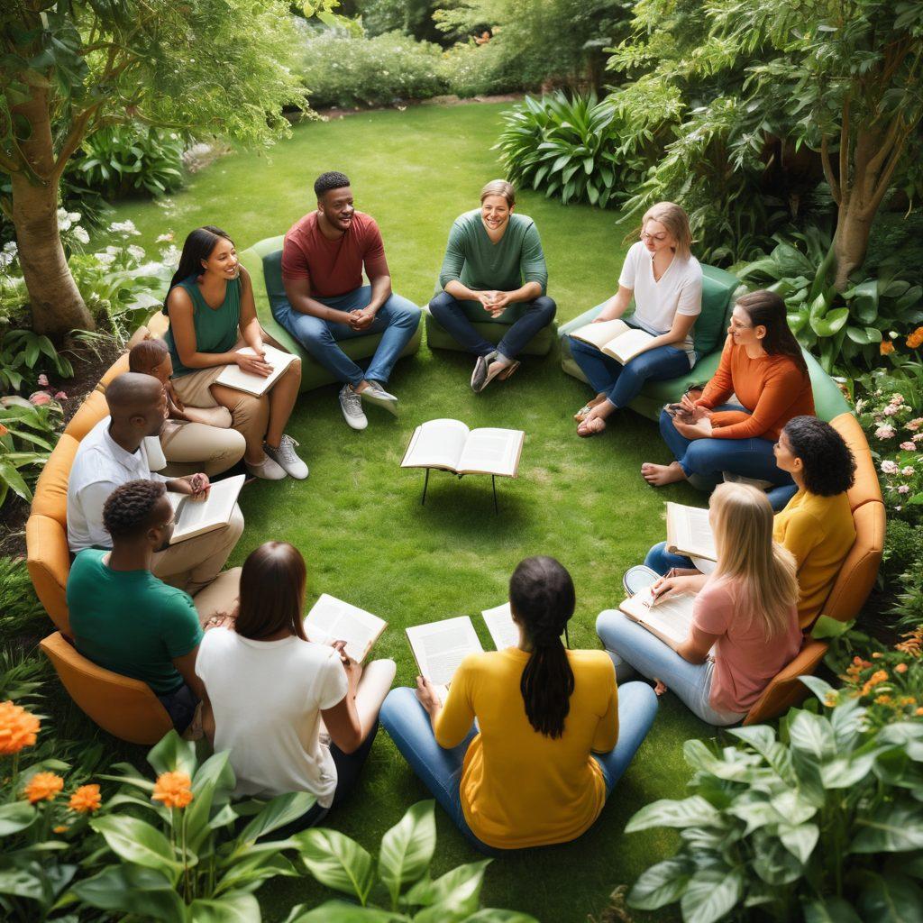 A vibrant and uplifting scene depicting a diverse group of individuals engaging in a supportive circle, sharing ideas and resources. Include a variety of resources like books, laptops, and calming plants to symbolize knowledge and growth. The background should be an inspiring nature setting, representing a journey towards empowerment and support. Bright, warm colors to evoke feelings of hope and connection. super-realistic. vibrant colors. natural setting.